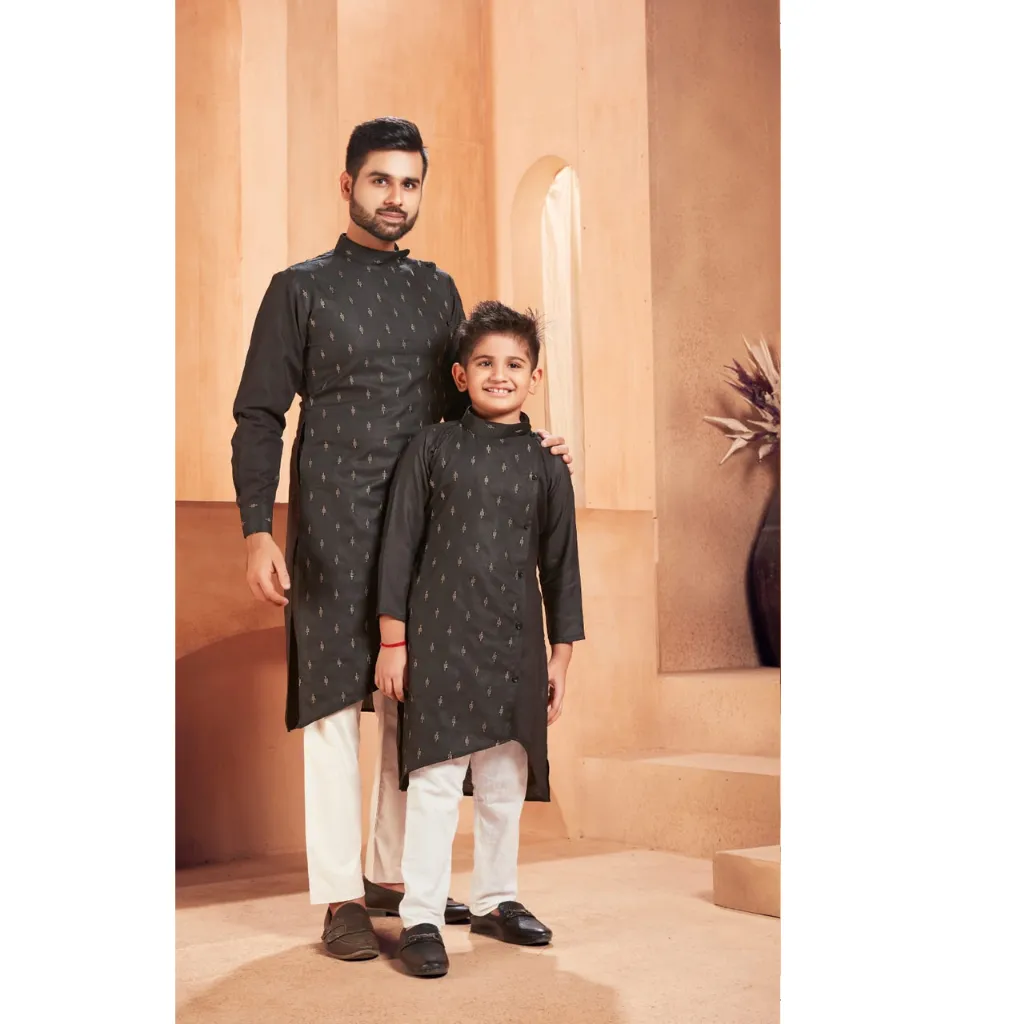 Beautiful Traditional Pure Cotton Father and Son Black Same Matching Kurta Pajama set. 